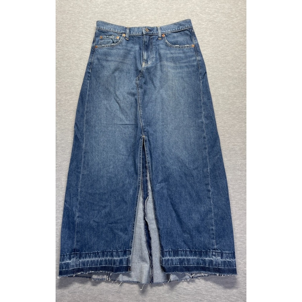 Gap A-Line Skirt Womens 29/8P Blue Denim Medium Wash Raw Hem Slit High Waisted